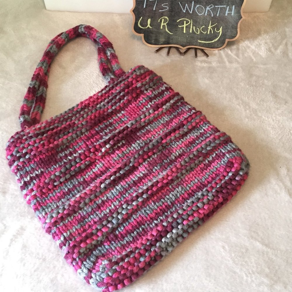 Handcrafted Gray & Pink Knit Tote – Bohemian Boho Bag